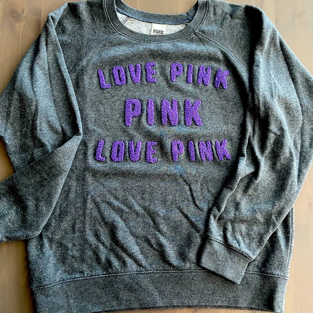 PINK Victoria Secret Gray With Purple Writing Crew Sweater